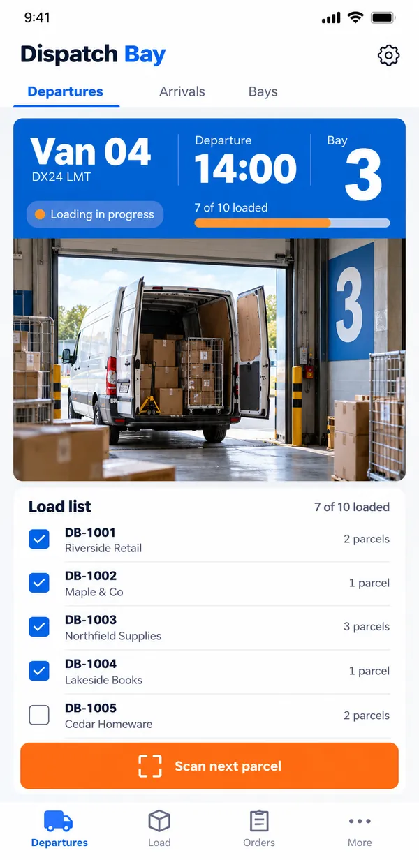 Dispatch Bay warehouse dispatch app: planned departures by vehicle, time and bay