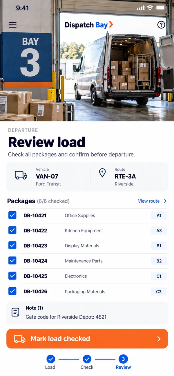 Dispatch Bay warehouse dispatch app: a load and its open notes reviewed before it is checked