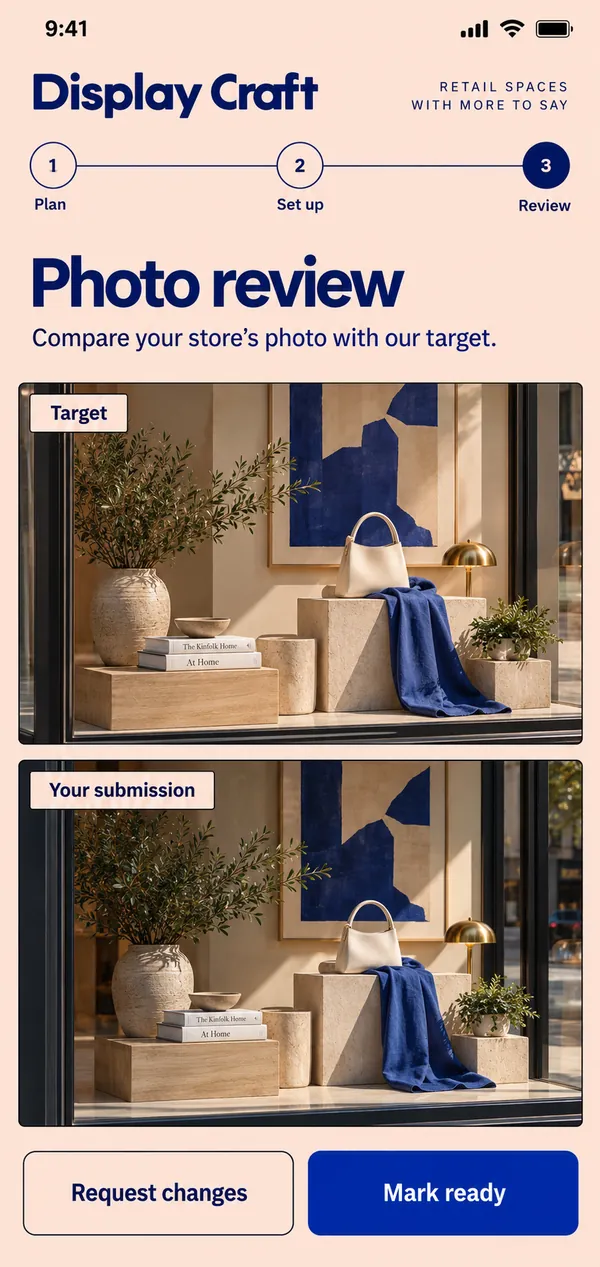 Compare the store's photo with the reference and give feedback.