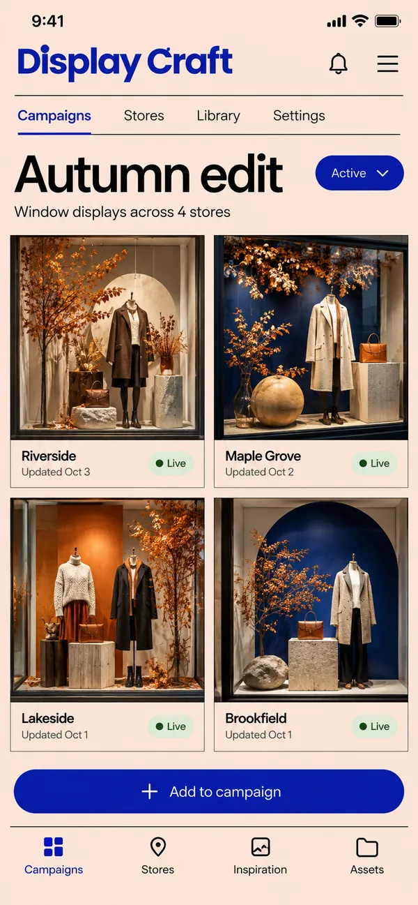 Display Craft visual merchandising app: campaign displays and the status of each one across stores