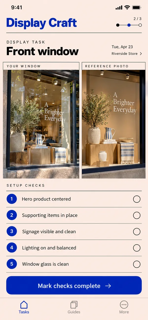 Display Craft visual merchandising app: a display task with its reference photo and checklist