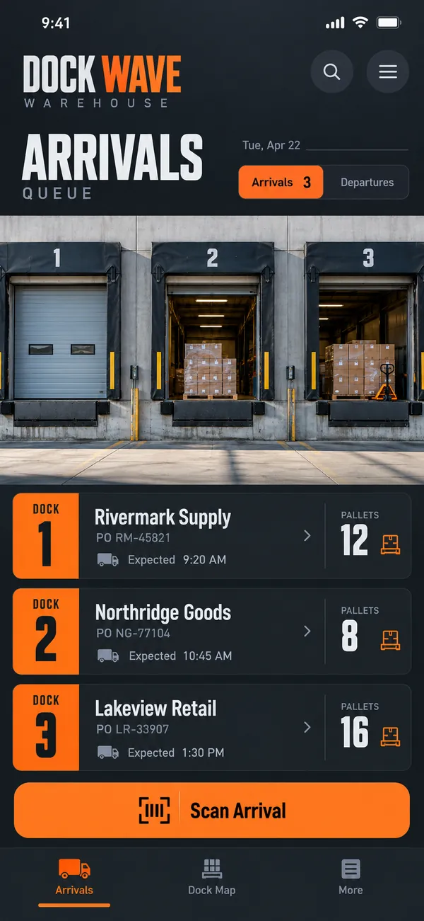 Dock Wave goods receiving app: incoming deliveries in one arrivals queue
