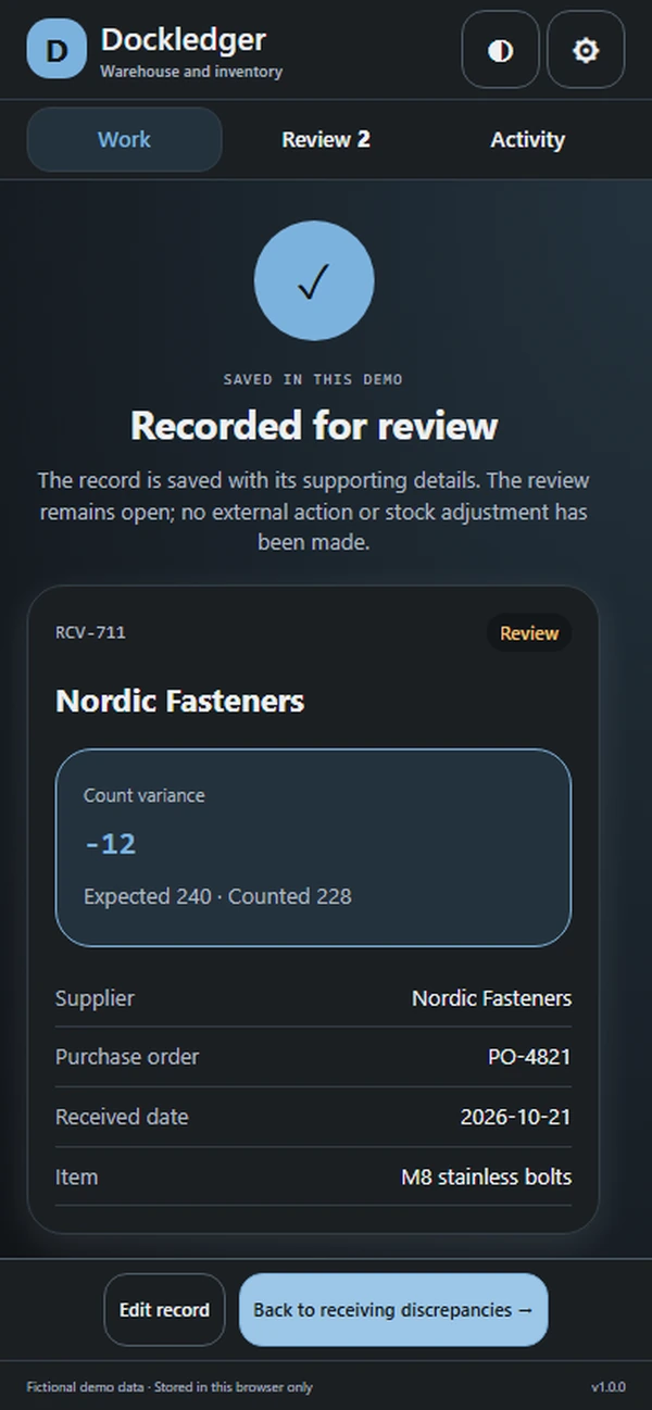 Dockledger: saved result with recorded details