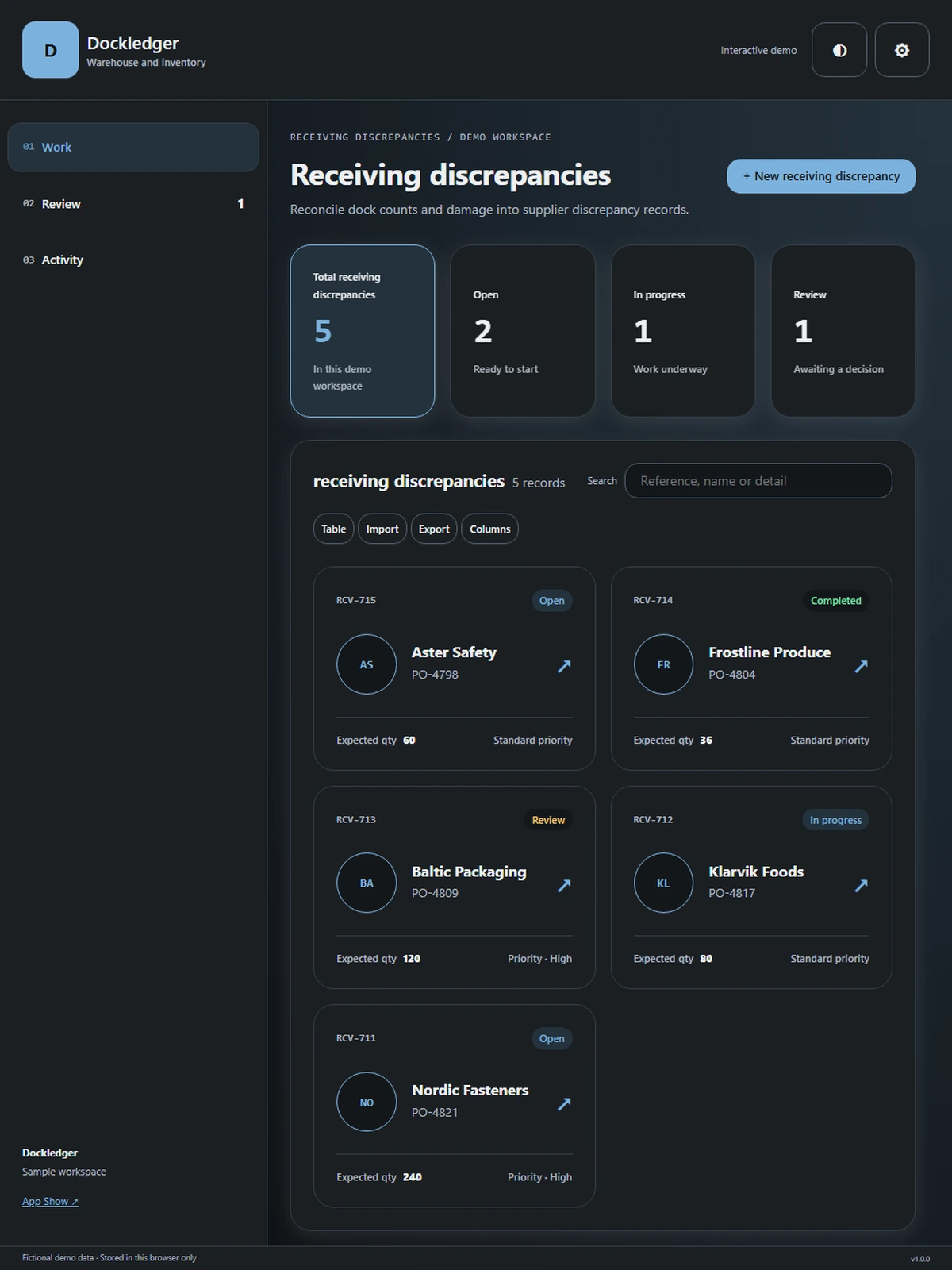 Dockledger responsive tablet workspace with sample business records.