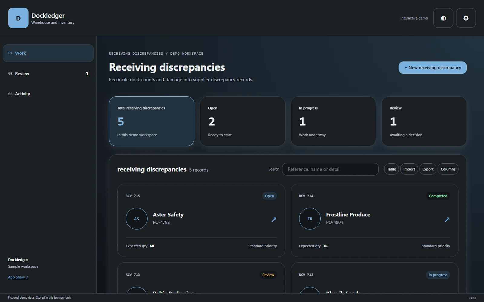 Dockledger responsive pc workspace with sample business records.