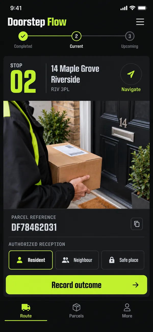 Open a stop with the parcel reference and instructions.