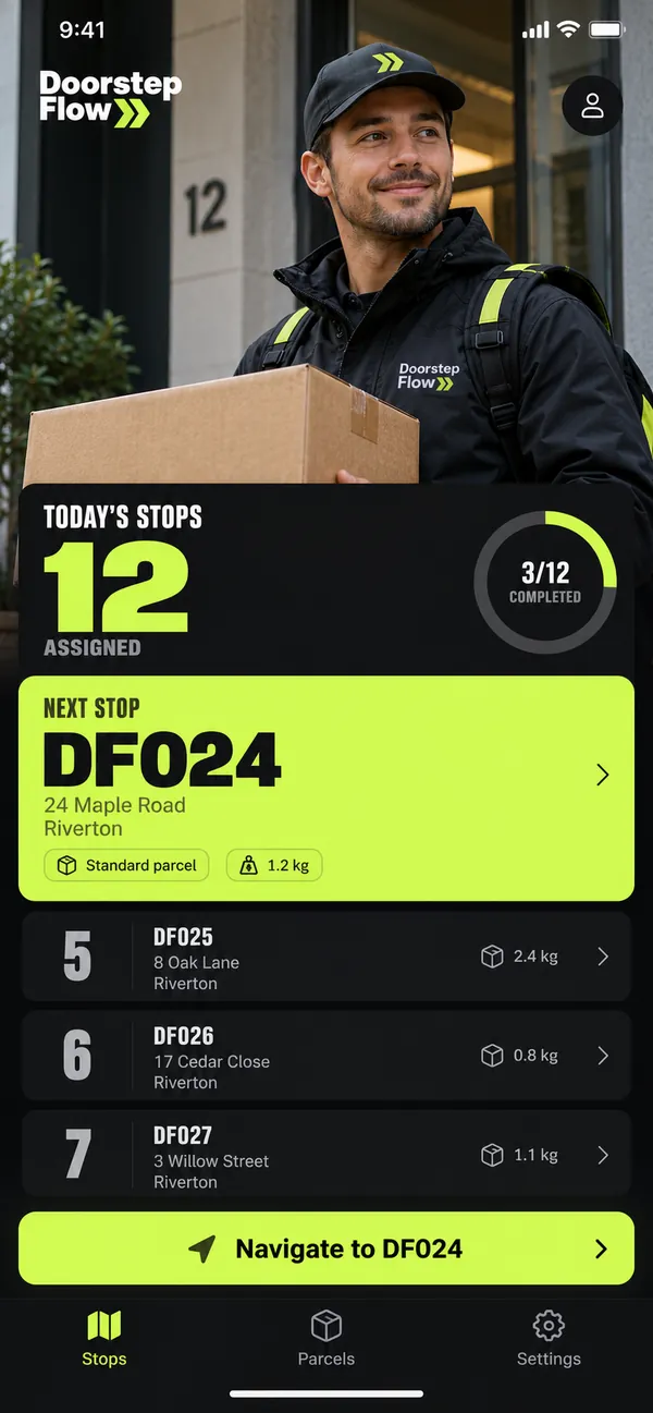 Doorstep Flow delivery driver app: today's assigned delivery stops in order