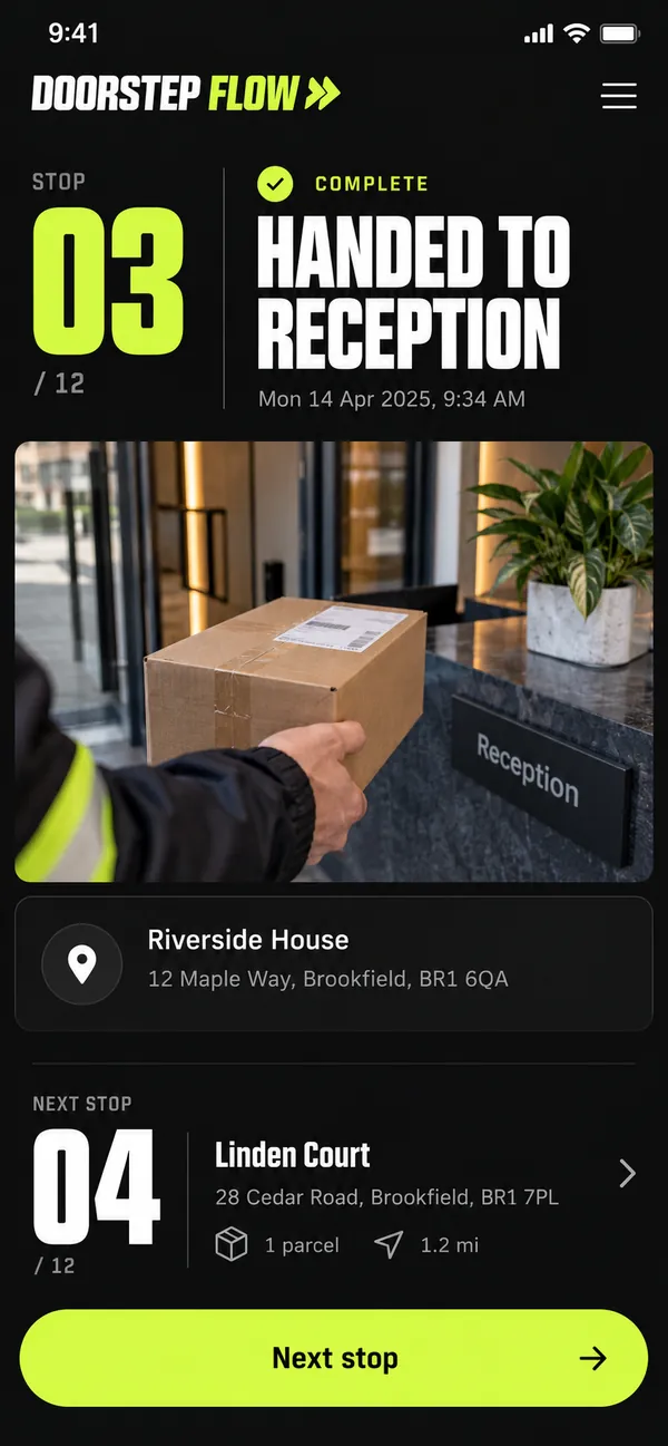 Doorstep Flow delivery driver app: the delivery outcome recorded for a stop