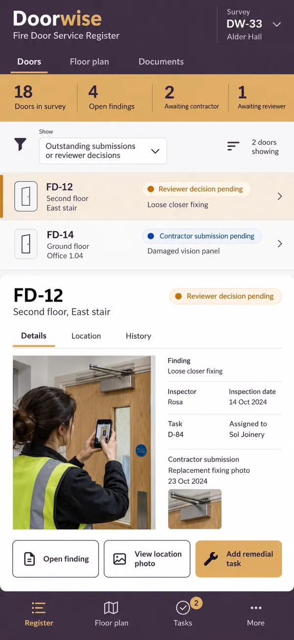Doorwise fire door inspection app: a door and its finding located by building position