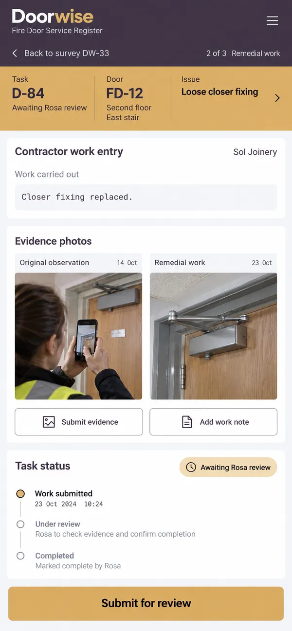Doorwise fire door inspection app: repair photo compared with the original finding for one door