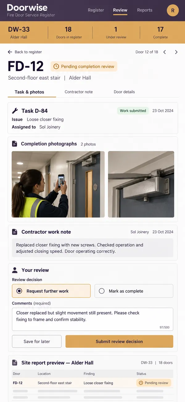 Doorwise fire door inspection app: site register with remedial work completion decisions visible
