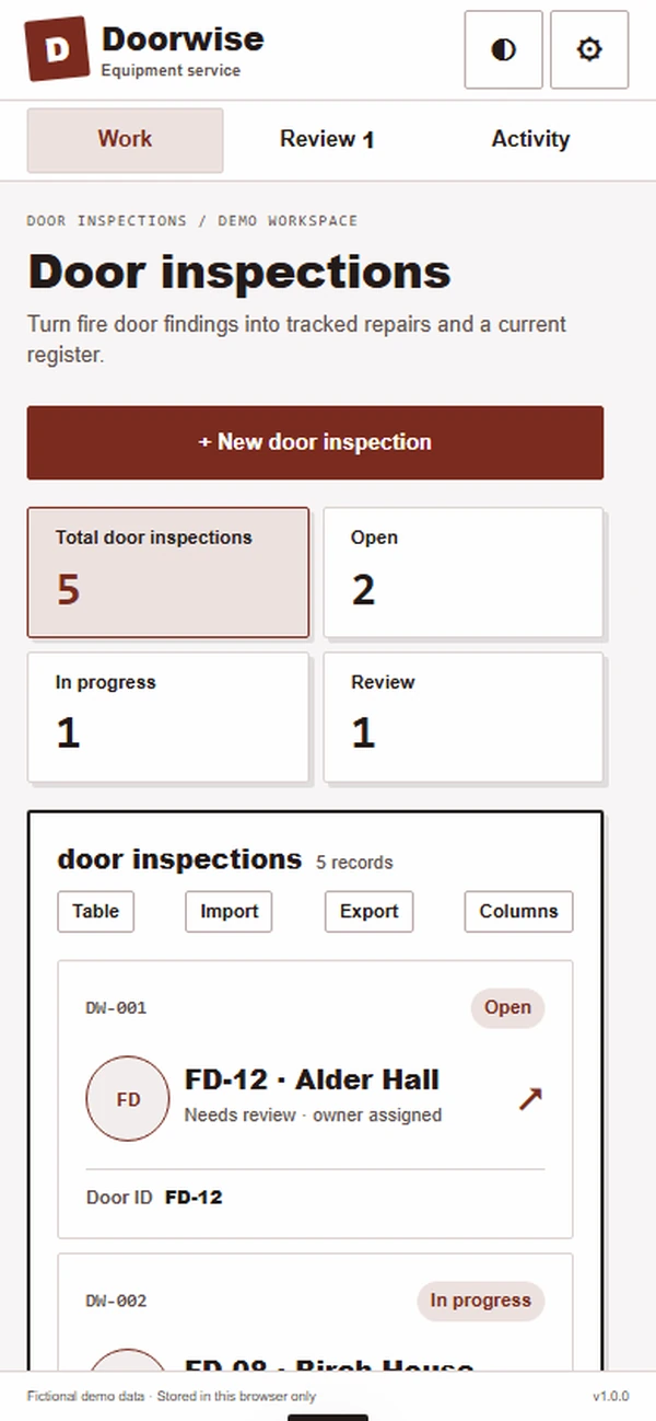 Doorwise fire door inspection app: a door and its finding located by building position