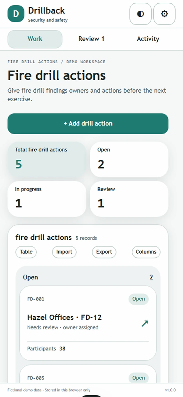 Drillback fire drill app: a consistent brief prepared for the exercise