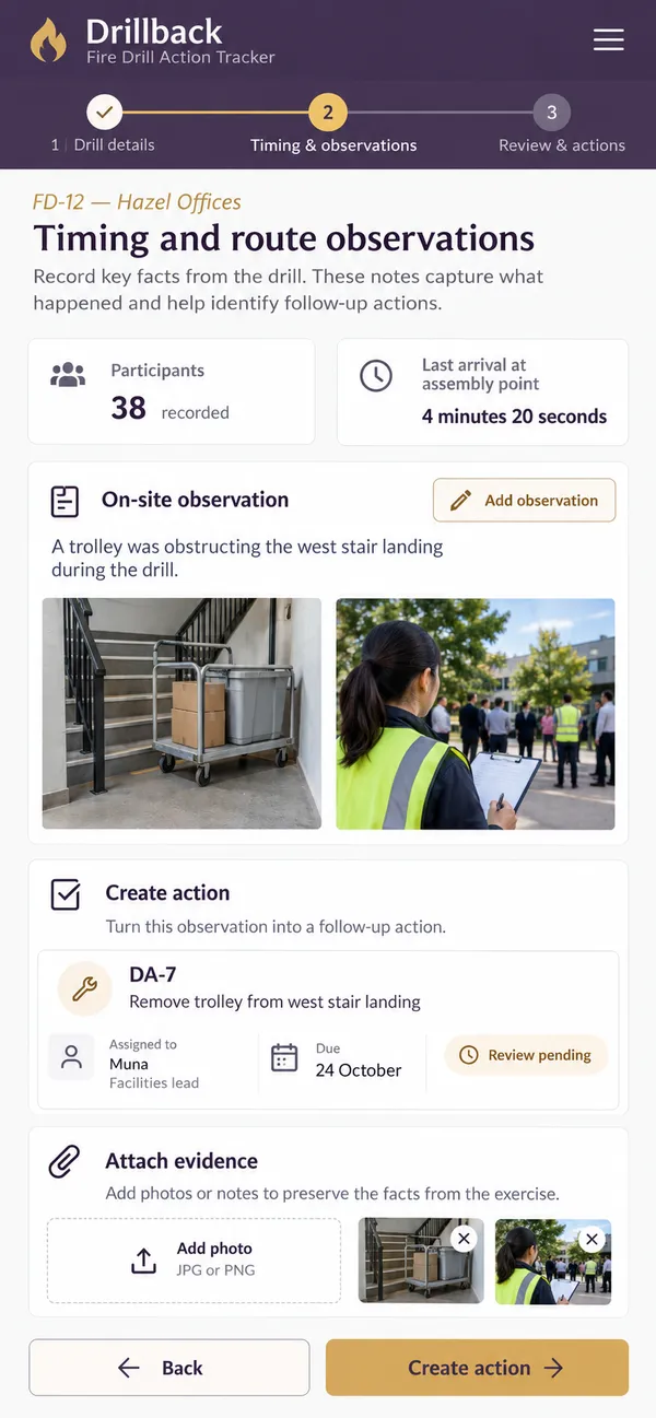 Drillback fire drill app: a concrete drill observation turned into an owned corrective action