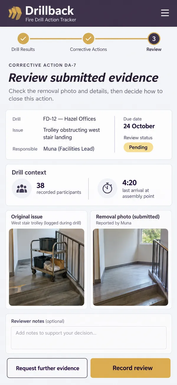 Drillback fire drill app: the correction checked before the drill action is closed