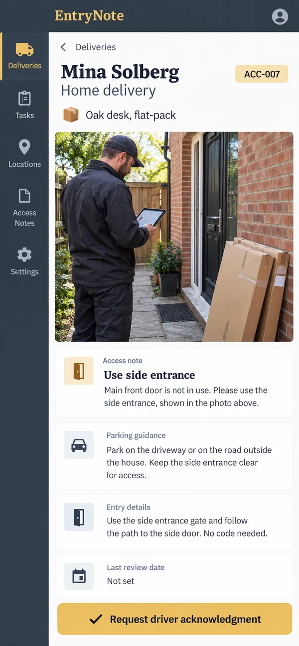 EntryNote delivery access notes app: destination guidance beyond the street address