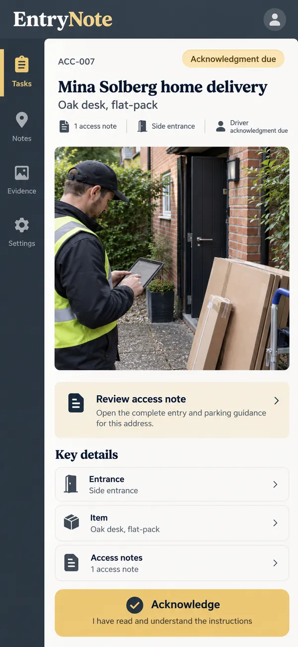 EntryNote delivery access notes app: driver acknowledgment of the access guidance before arrival
