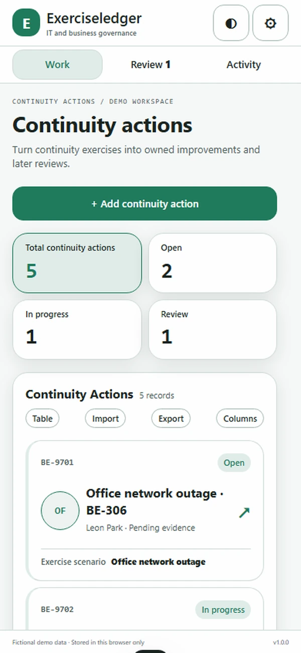 Exerciseledger: work queue with sample records
