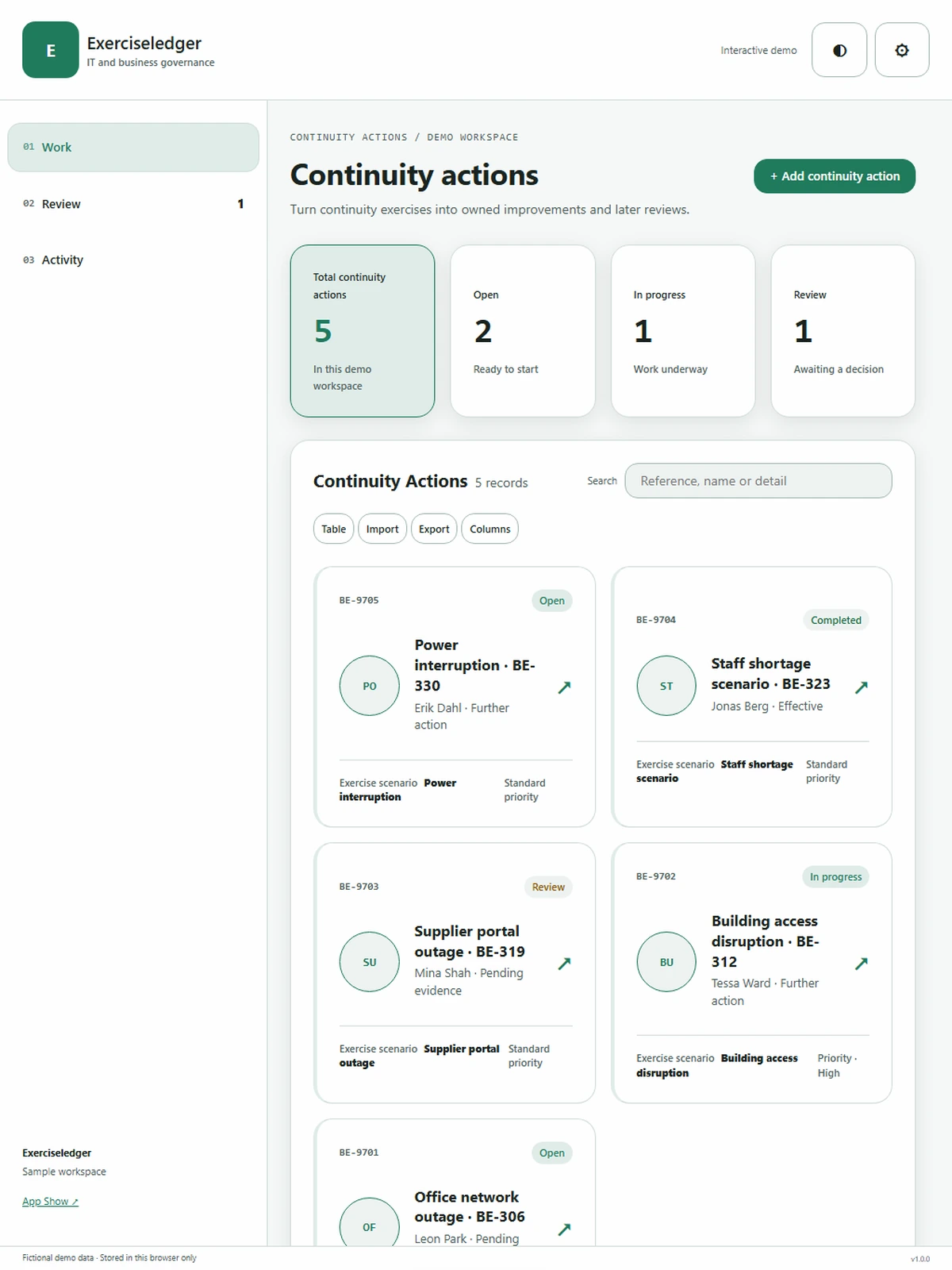 Exerciseledger responsive tablet workspace with sample business records.
