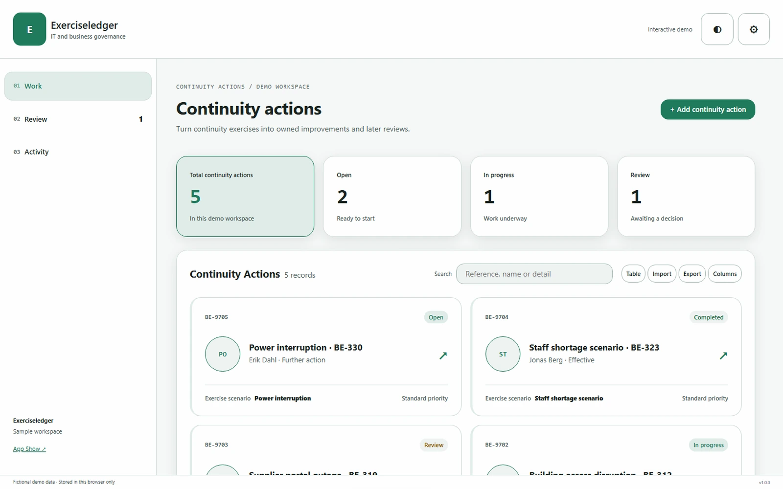 Exerciseledger responsive pc workspace with sample business records.