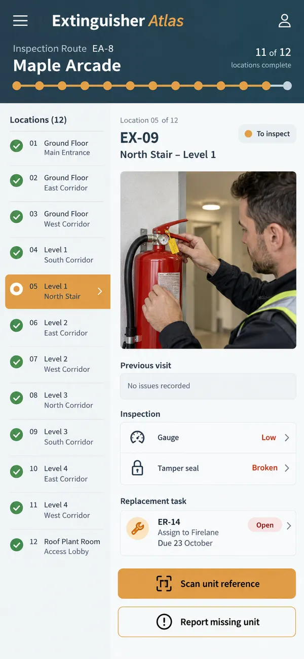 Extinguisher Atlas fire extinguisher inspection app: each unit located and identified on the route