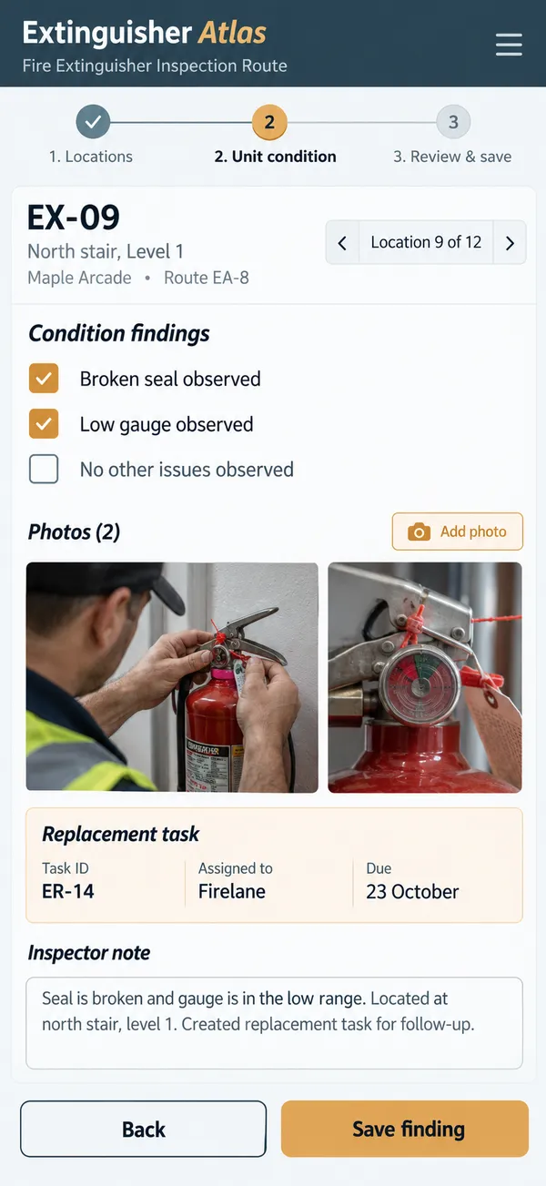 Extinguisher Atlas fire extinguisher inspection app: a condition observation attached to one unit