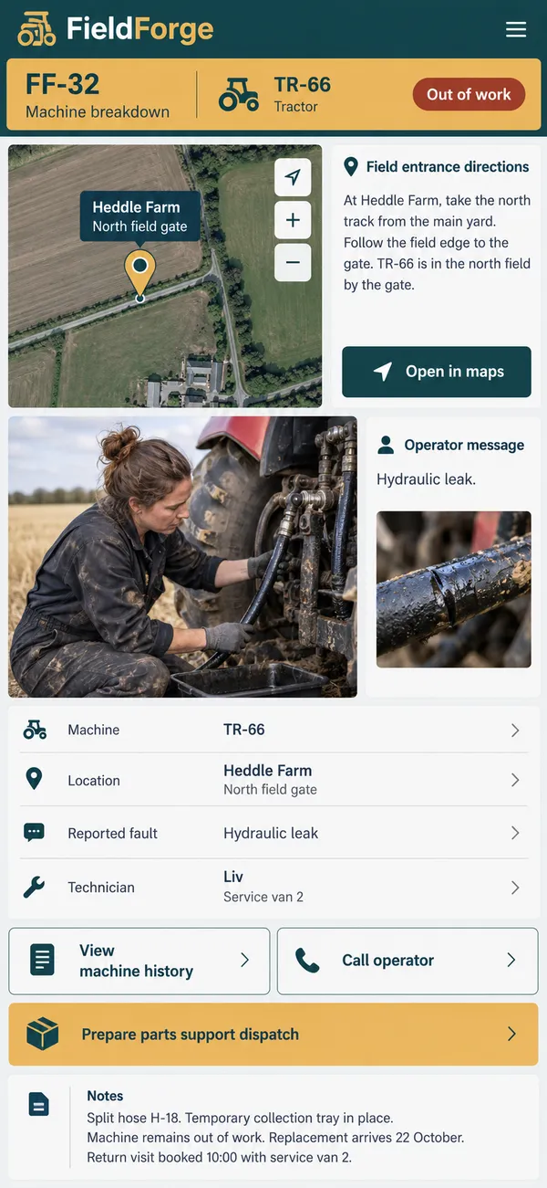 FieldForge farm machinery repair app: machine details and location to prepare the field response