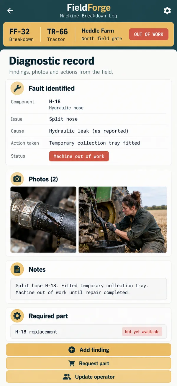 FieldForge farm machinery repair app: diagnostic finding and the unfinished repair documented in the field