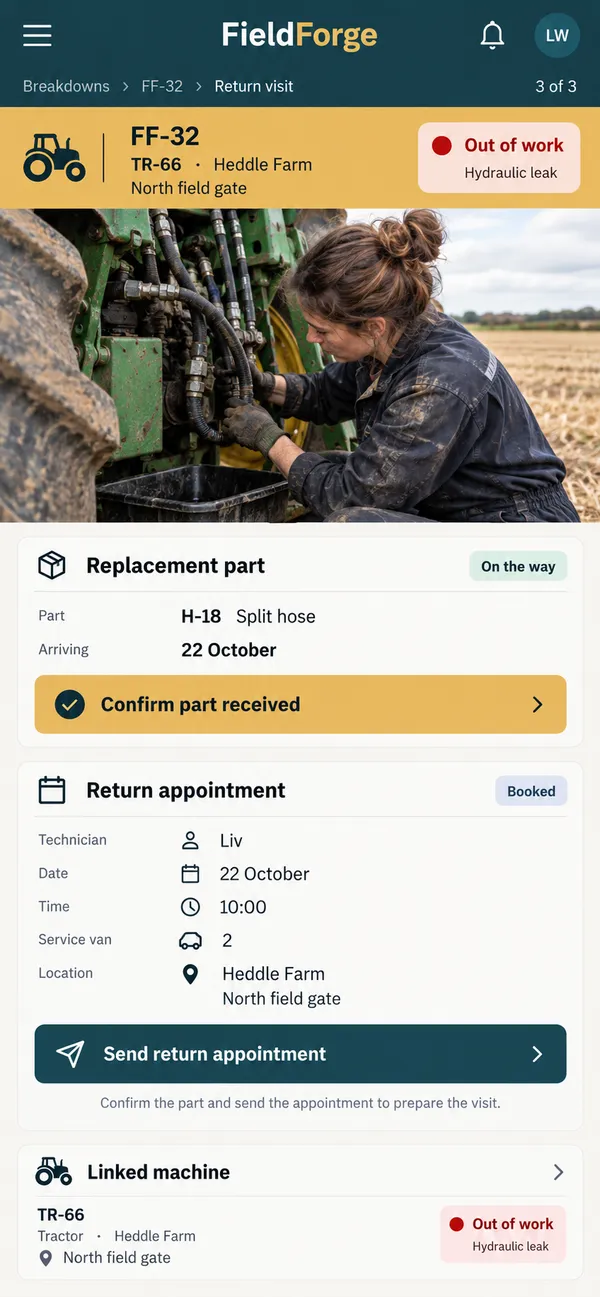 FieldForge farm machinery repair app: next field visit prepared from repair history and parts needs