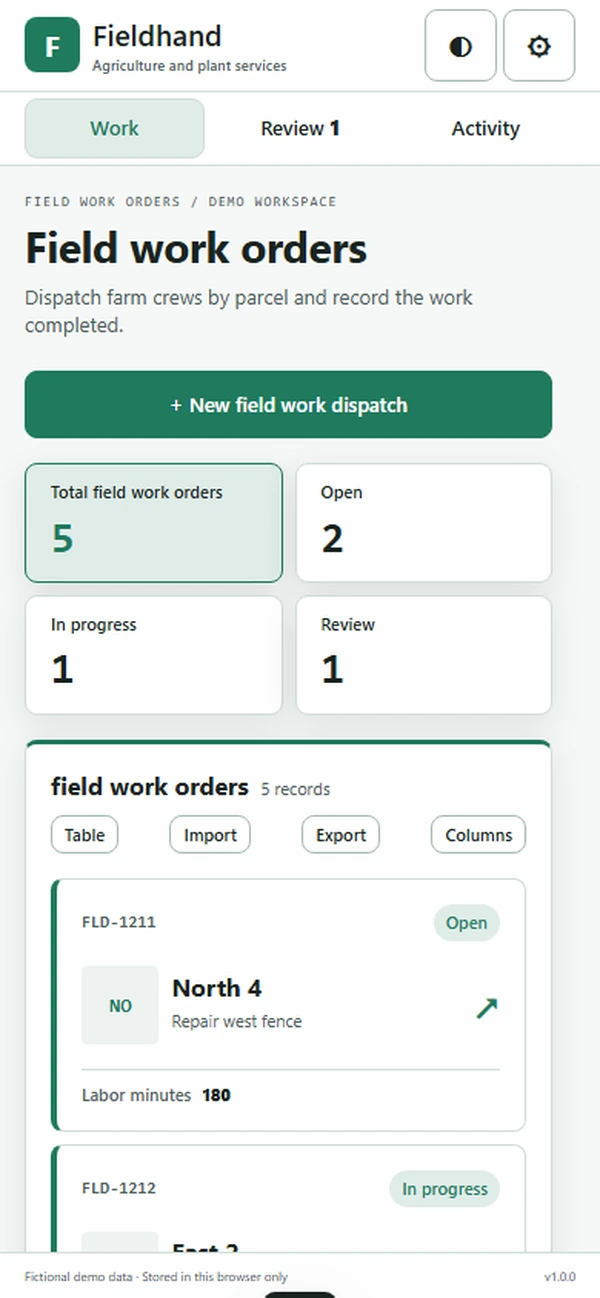 Fieldhand: work queue with sample records