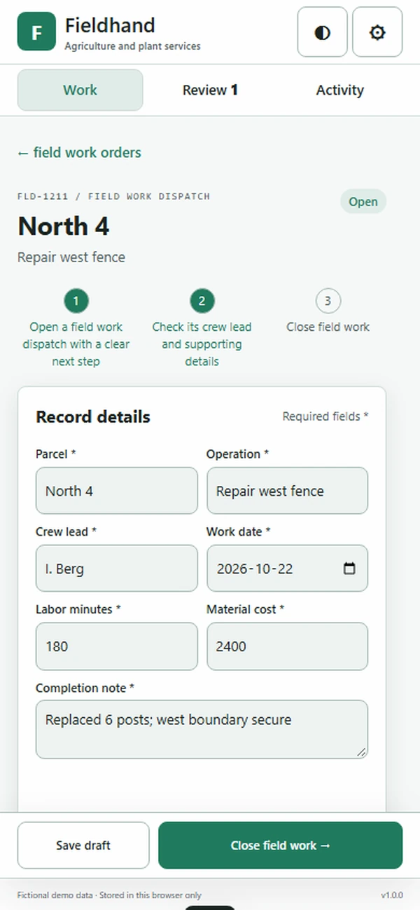 Fieldhand: editable business record and action