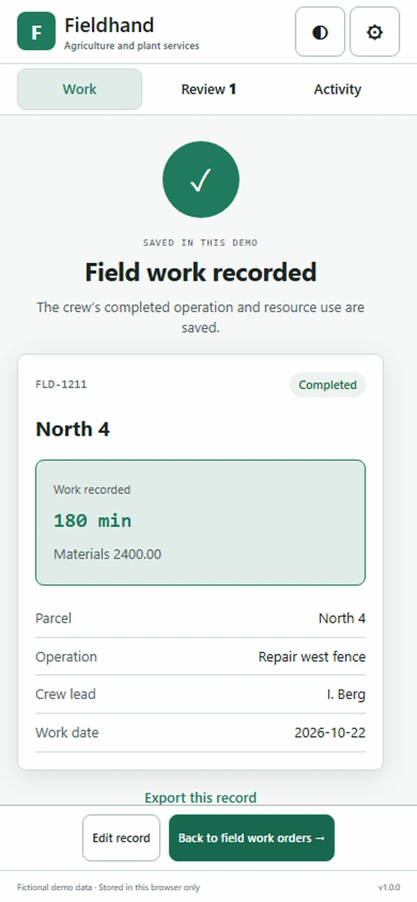 Fieldhand: saved result with recorded details