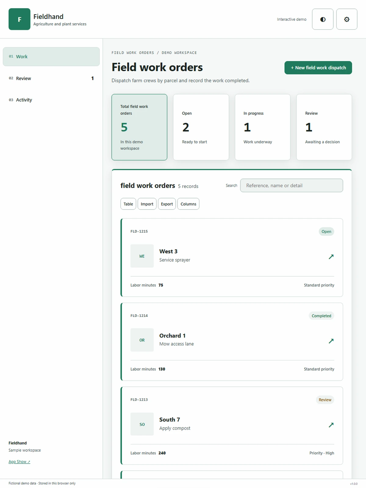 Fieldhand responsive tablet workspace with sample business records.