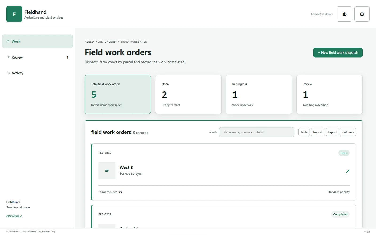 Fieldhand responsive pc workspace with sample business records.