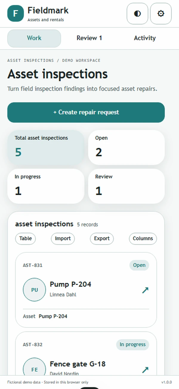 Fieldmark: work queue with sample records
