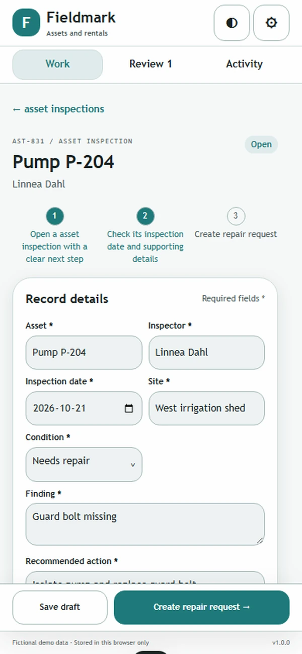 Fieldmark: editable business record and action