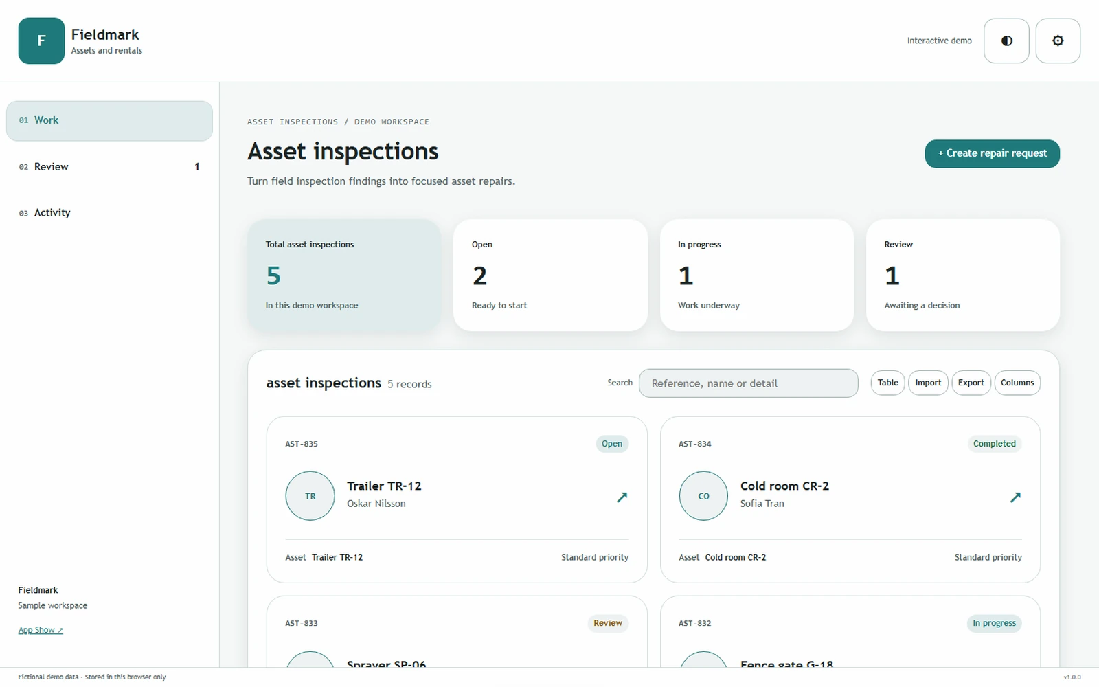 Fieldmark responsive pc workspace with sample business records.