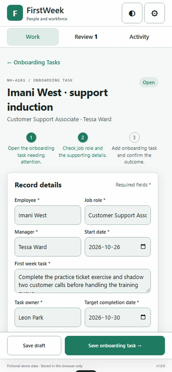 FirstWeek: editable business record and action