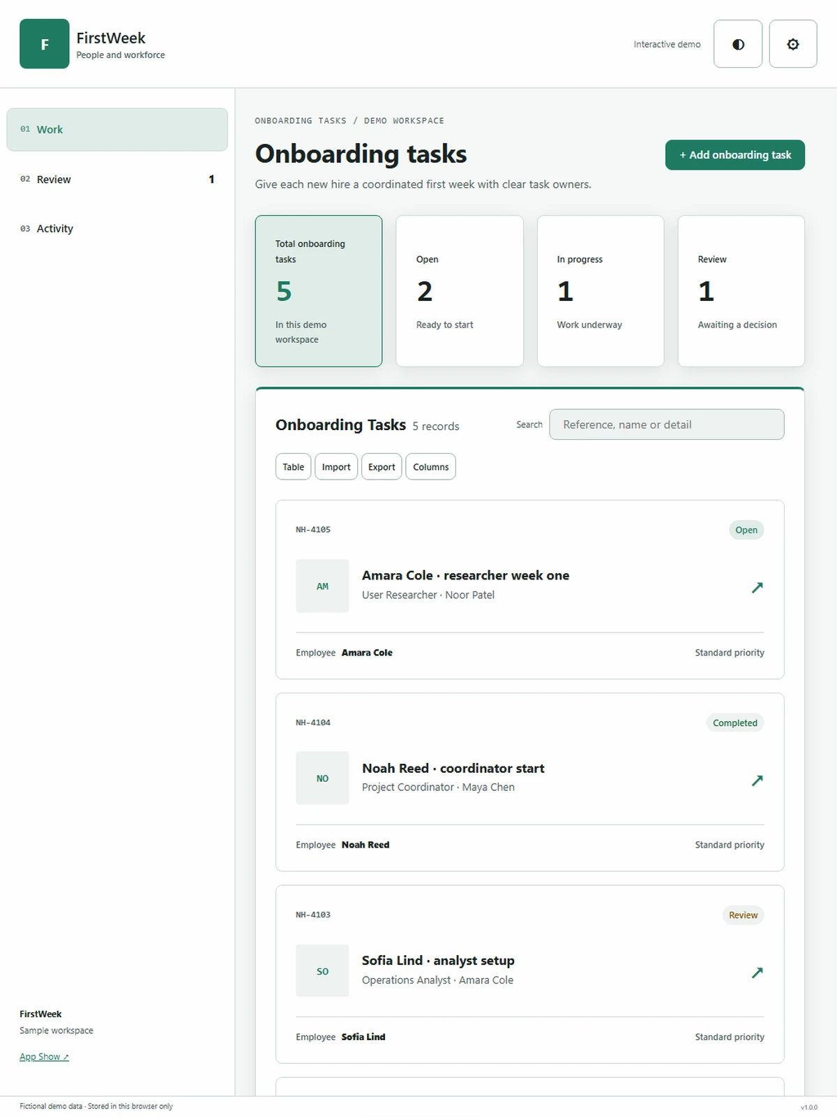 FirstWeek responsive tablet workspace with sample business records.