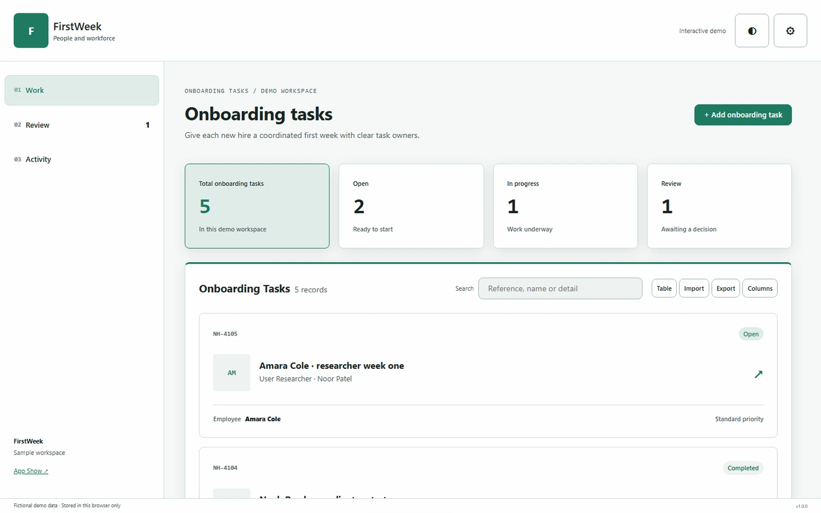 FirstWeek responsive pc workspace with sample business records.