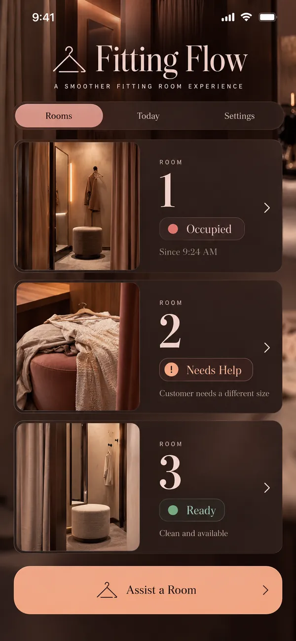 Fitting Flow fitting room app: every fitting room and its status on one board