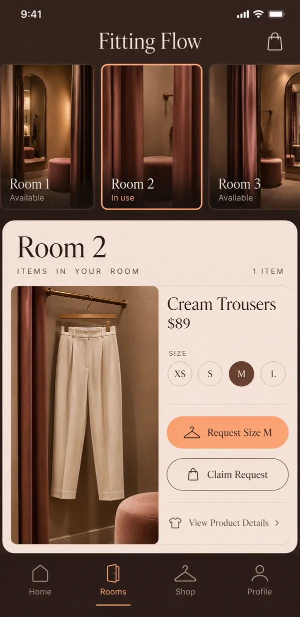 Fitting Flow fitting room app: a size request recorded with the garment and room number