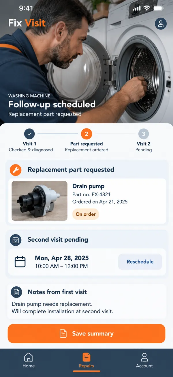 Record the follow-up for parts or a second visit.