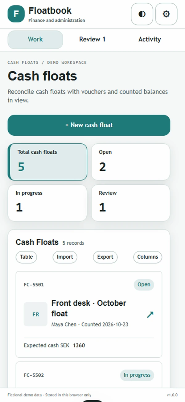 Floatbook: work queue with sample records
