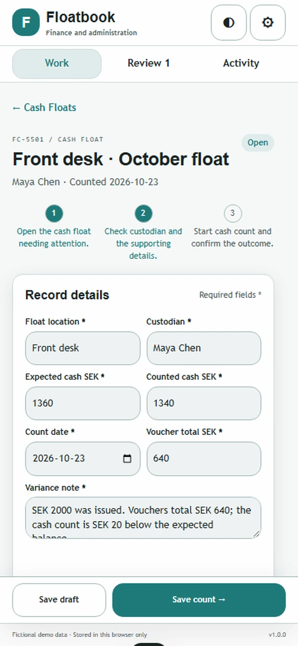 Floatbook: editable business record and action