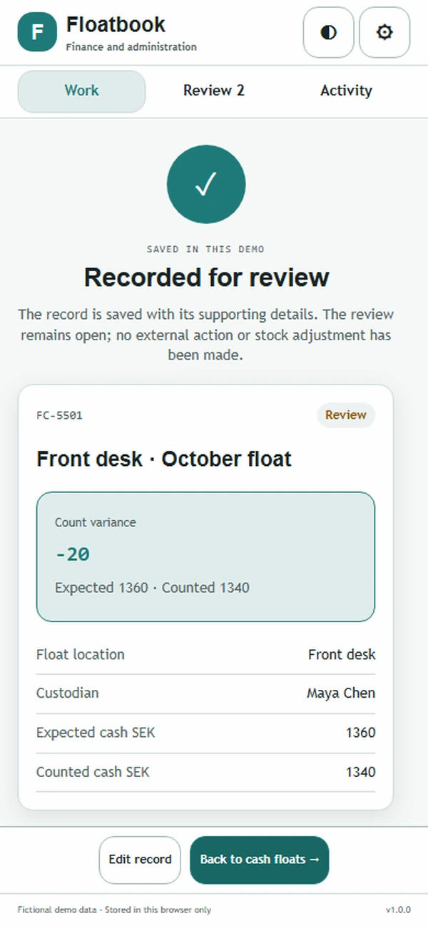 Floatbook: saved result with recorded details