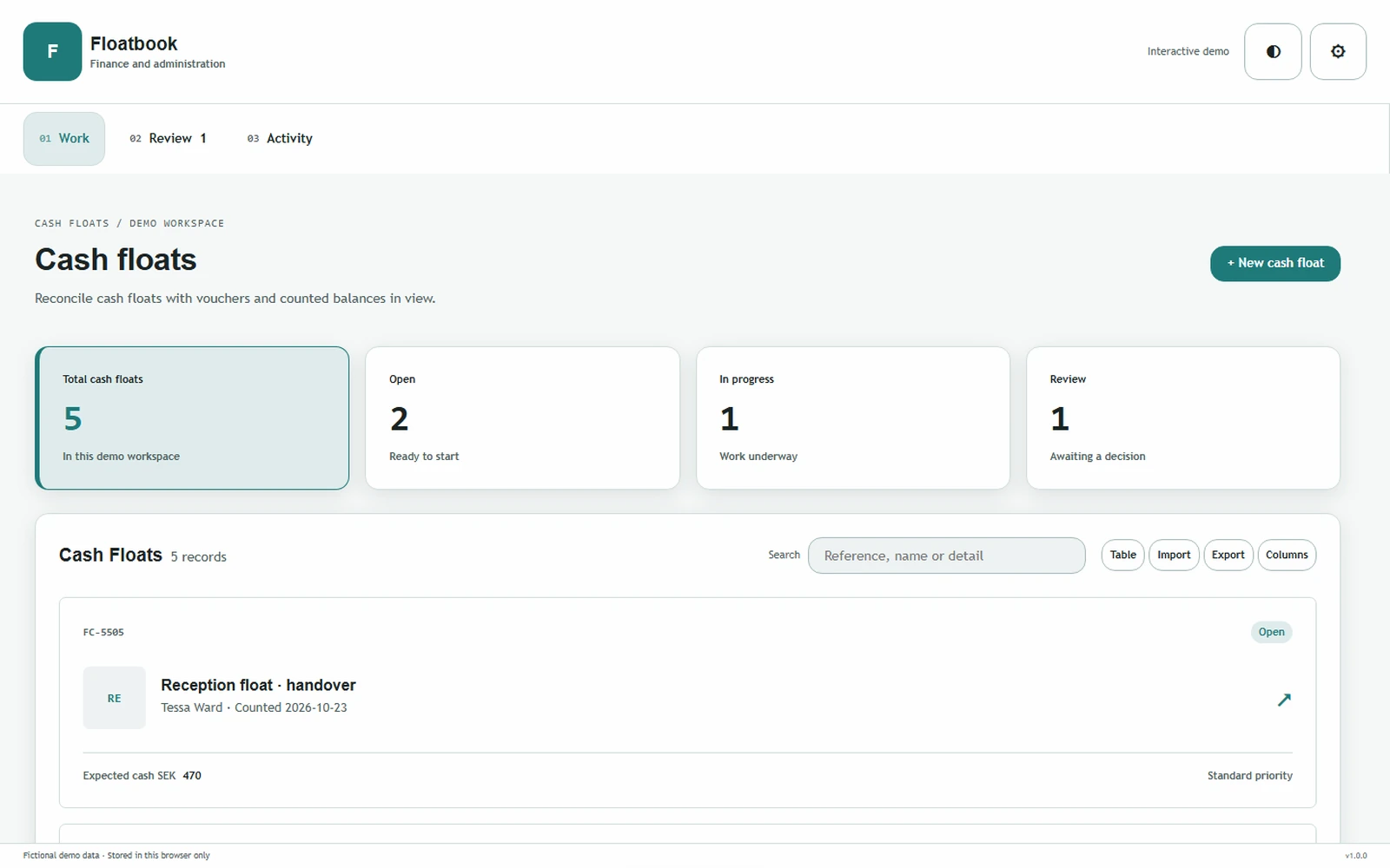 Floatbook responsive pc workspace with sample business records.