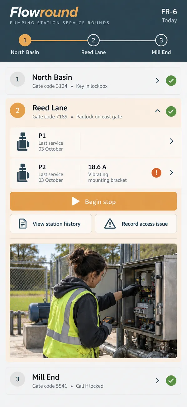 Flowround pumping station inspection app: route stops prepared for the service crew's round