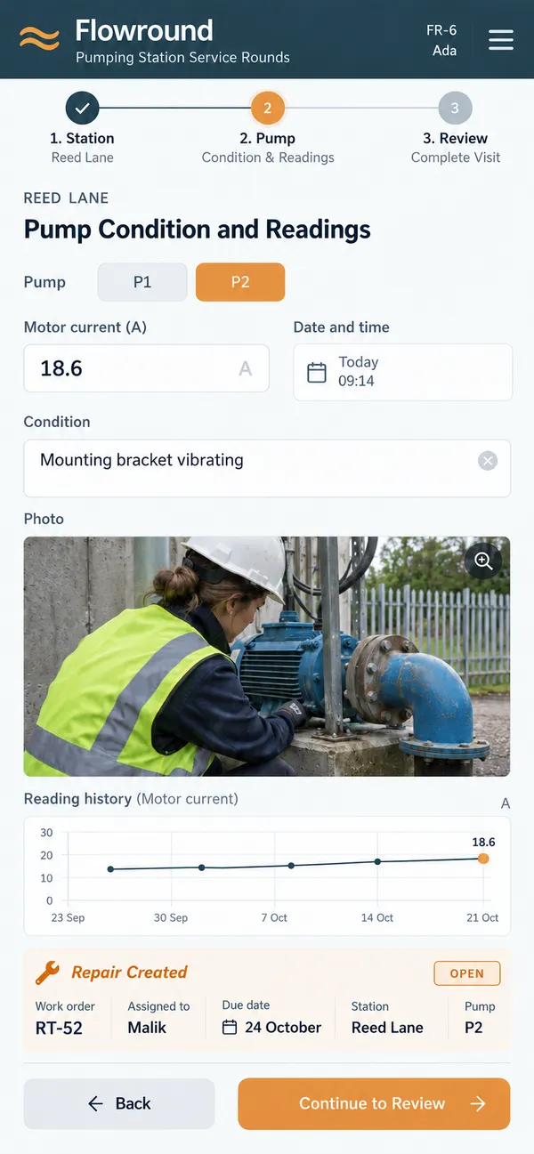 Flowround pumping station inspection app: a station observation turned into an assigned repair task