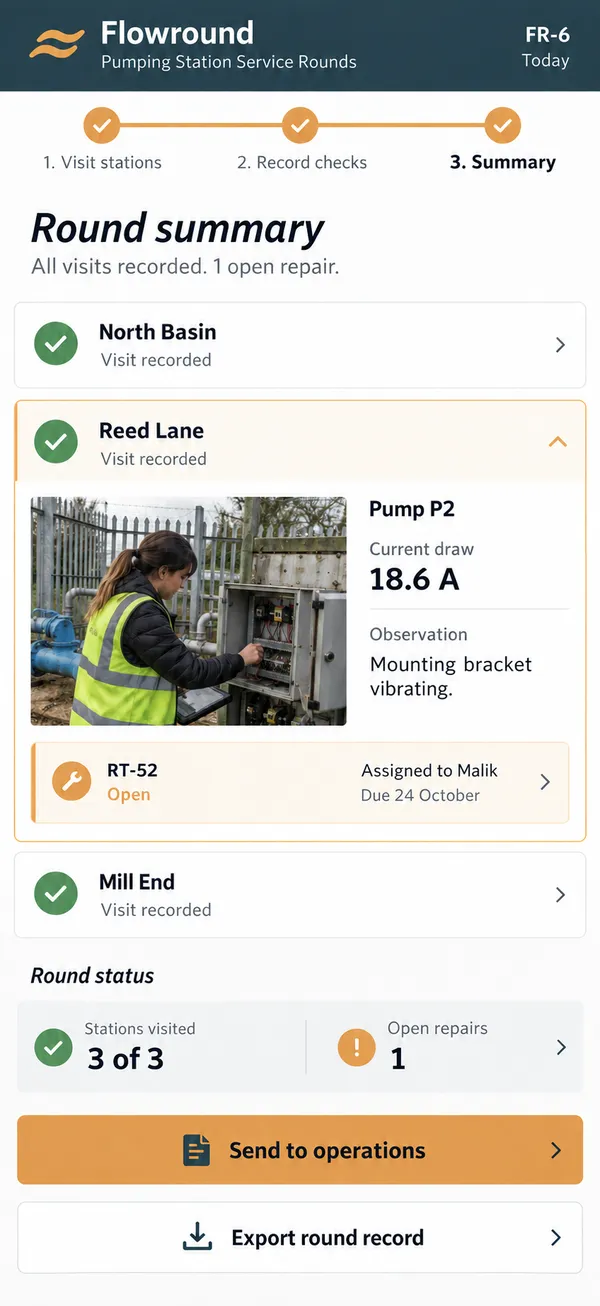 Flowround pumping station inspection app: completed visits listed separately from remaining repairs